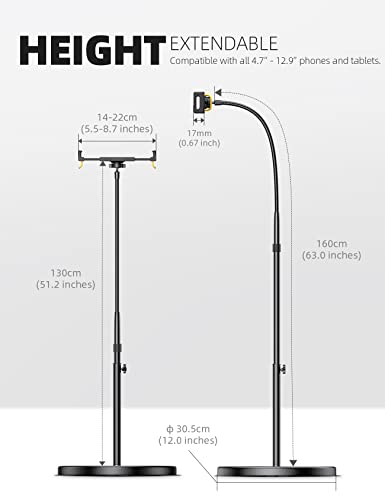 Lamicall Tablet Floor Stand Holder - Gooseneck Tablet Mount for Bed, 63" Adjustable Height & 10.6lb Stable Base, for Gifts: 4.7-13" Tablets, iPad Pro 13/9.7, Air, Mini, Galaxy Tab, Kindle, Phones - color: Black