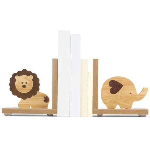 Harloon 2 Pcs Animal Bookends for Kids Wooden Decor Safari Bookends Decor for Girl Children Bedroom Home(Lion Elephant) - style: Lion Elephant