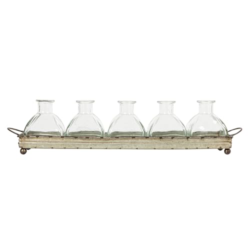 Creative Co-Op Decorative Iron Rectangle Tray with Handles & 5 Glass Vases