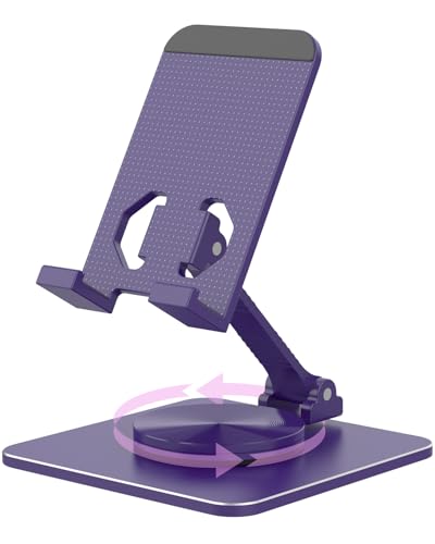Cell Phone & Tablet Stand for Desk, Aluminum Adjustable Holder for iPhone, iPad & Smartphones || Foldable Mount with 360° Swivel, Stable Base & Portable Design for 4–9.7in Devices, Purple - color: Purple