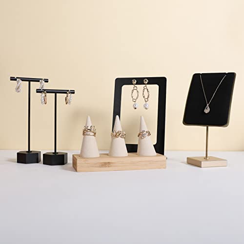 GemeShou Beige wood ring storage organizer, Velvet Jewelry ring display holder, Cute ring display stand for selling, wedding ring holder at nightstand【Beige with three cone】 - size: Medium