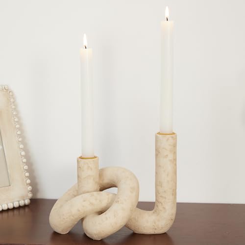 DN DECONATION Knot Shaped Taper Candle Holders - Travertine Resin Candlestick Holders, Candle Sticks Holder Boho Farmhouse Decor Coffee Table Centerpiece for Living Room Fireplace Wedding - color: Beige