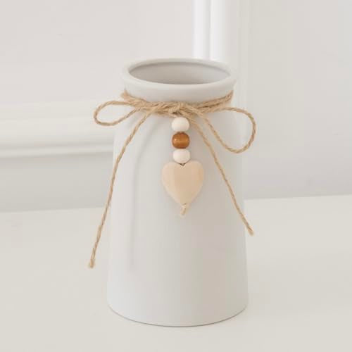 Charming 6-Inch Ceramic Vase | Jute Rope & Heart Charm Vase for Bohemian Farmhouse & Boho Décor, White Color - color: White