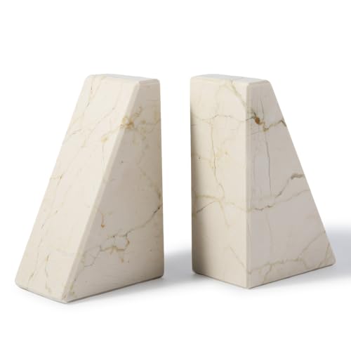Koville Marble Bookends for Shelves, Large Bookends for Heavy Books, Non-Slip Heavy Duty Book Stopper for CD/Movies, Aesthetic Decorative Bookends for Shelves Table Home Decor(Beige) - color: Trapezoid-beige