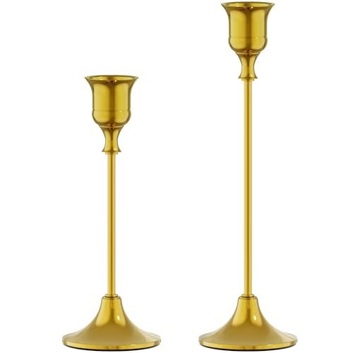 FSyueyun Gold Candle Holders Set of 2, Elegant Metal Candlestick Holders for Vintage Taper Candle Holders, Perfect for Table Centerpieces, Fireplace Mantels, Home Decor, Weddings and Party Decorations - color: Gold, size: Set of 2