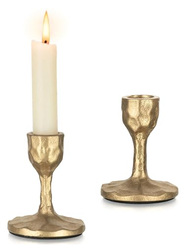 Antique Brass Candlestick Holders: Cast Iron Taper Candle Holder Handcrafted Gold Vintage Candle Sticks Holder Rustic Fall Decor for Dinning Table Mantel Home Party Set of 2