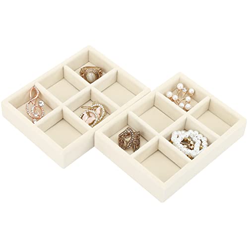 DesignSter Small Jewelry Tray-Ring Organizer 2PCS Premium Velvet Rings Earrings Display Tray Storage Insert Holder for Jewelry Box, Drawer, Dresser (6 Grids, Beige) - color: Beige, size: 6 Grids