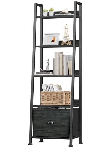 Furologee Ladder Shelf, Ladder Bookshelf with Drawer, Industrial 5 Tier Book Shelf, Display Open Bookcase Storage Shelves for Books, CDs, Photos, Black Shelving Unit for Home Office, Living Room - color: Black N, size: 5-Tier, 15" W