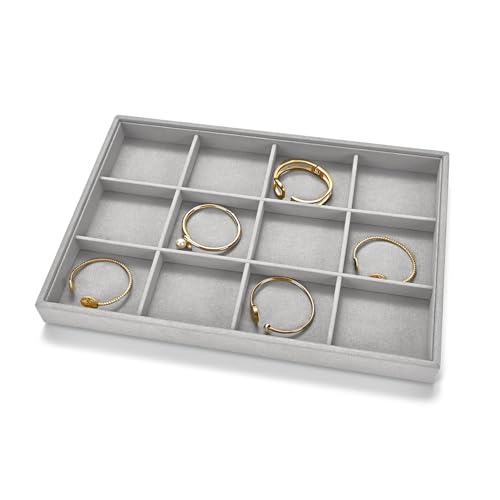 12 Grids Microfiber Jewelry Trays Bracelets Tray Stackable Jewelry Organizer Trays for Drawer Bracelet Holder Earring Tray For Bracelet Bangle Earrings Watches Storage (Gray) - color: Grey, size: 12 Grid