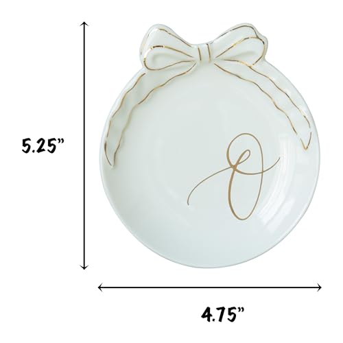 COLLECTIVE HOME - Personalized Initial Ceramic Jewelry Tray with Bow, Christmas Gift Ideas for Women, Small Gift for Girlfriend Wife, Ring Holder, Earrings Dish, Birthday Gift for Her (O) - color: O