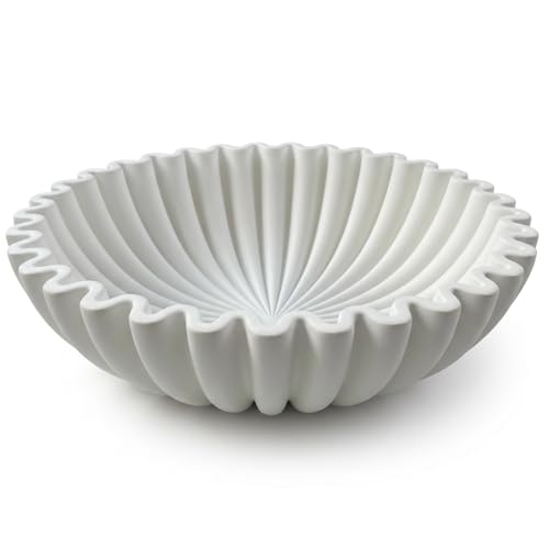 OAKOA Large Decorative Bowl - White Decorative Bowls for Home Decor - Organic Modern Home Decor Bowl - Concrete Ruffle Bowl Decor - Fluted Bowl - Scalloped Bowl - color: White