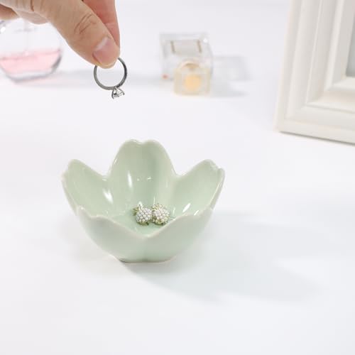 Flower Ring Dish Holder,Jewelry Dish Tray,Small Trinket Tray,Jewelry Plate Bowl,Key Bowl,Decorative Plate,Mothers Day Birthday Gifts for Women Mom Friends,Ceramic Kiln effect Green - color: Kiln effect Green