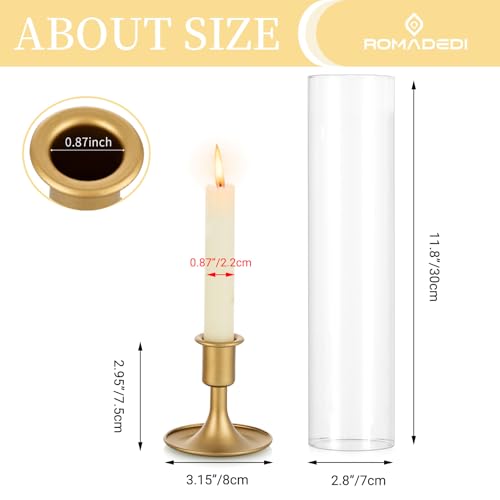 Romadedi Hurricane Candlestick Holders Gold - Taper Candle Holders Tall Clear Glass Cylinder for Wedding Table Centerpieces Party Decor Birthday Christmas Home Decorations Set of 2