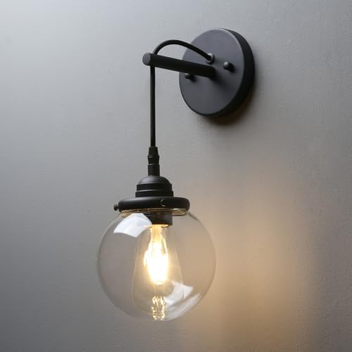 Phansthy Vintage Glass Wall Sconce, Hanging Wire Indoor Wall Lamp, 5.9" Globe Wall Lighting Fixture Adjustable Hanging Cord, Home Decor Art Wall Light Hardwired Farmhouse Wall Sconce (Black) - color: Black