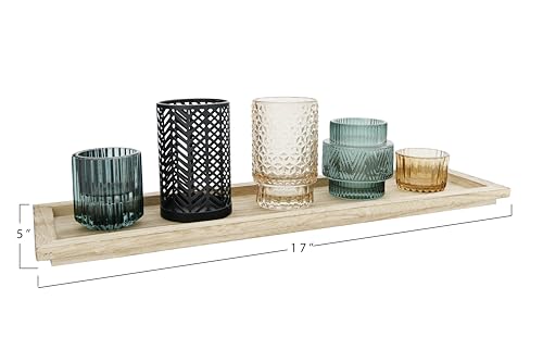 Bloomingville 5-Piece Embossed Glass and Metal Tealight Candle Holders in a Wood Tray, Multicolor