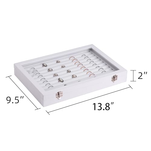 Frebeauty Rings/Earrings Organizer Tray with Clear Lid 10 Slots Velvet Drawer Insert Jewelry Storage box Transparent Glass lid Jewelry Display Case Showcase Gift for Girls Women (White, 10 Slots) - color: White, size: 10 Slots