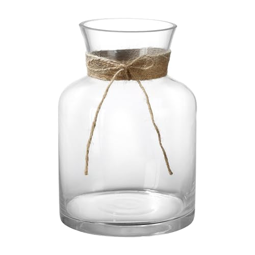 8" Decorative Modern Flower Vase with Twine Rope for Floral Arrangements, Wide Mouth Large Clear Glass Vase for Bouquet(Transparent) (Clear, 03) - color: Clear, size: 03