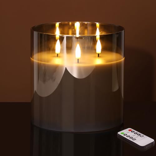 Eywamage 3 Wick Smoke Grey Glass Flameless LED Candle with Remote, Flickering Large Battery Pillar Candle Decor Φ 6" H 6" - color: Grey Glass