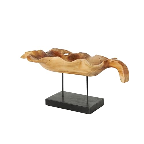 Deco 79 Teak Wood Leaf Decorative Sculpture Floating Home Decor Statue with Black Stand and Base, Accent Figurine 21" x 11" x 10", Brown