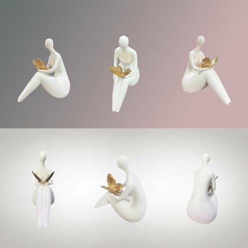 Lescafita White Abstract Sitting Figurine with Gold Butterfly – Modern Shelf Sitter Sculpture for Home Decor, Minimalist Statue, Elegant Desk Ornament for Living Room, Office & Bookshelf Decoration - color: W2