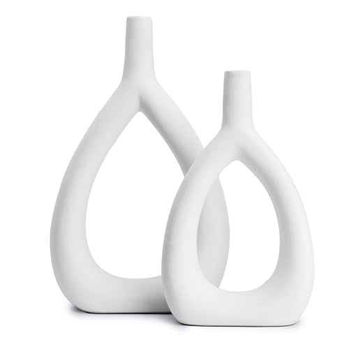 Ajuny Oval Vase Set of 2 – White Ceramic Decorative Vases, Farmhouse Style Modern Accent for Wall Decor, Bedroom, Living Room, Coffee Table, Office - style: Oval-Vase