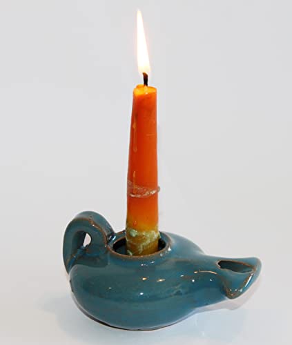 Herodian Blue Glazed Oil Lamp with Handle – Authentic Biblical Clay Candle Holder Replica from The Holy Land - Handmade Judaica & Christian Faith Gift with Certificate of Authenticity - color: Herodian - Biblical Blue Glazed