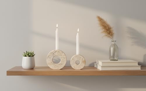 Marble Candle Holder Set of 2 Handmade Candlestick Holders for Taper Candles, Elegant Travertine Candle Stick Holders for Candlesticks, Centerpieces for Tables & Entryway Table Decor - color: Travertine