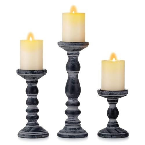 Wooden Pillar Candle Holder: Rustic Black Candle Stand Wood Distressed Candleholders Farmhouse Fall Decor for Christmas Fireplace Mantle Dining Table Living Room Shelf Set of 3 - color: Black, size: 5.9", 8.26", 11.81"