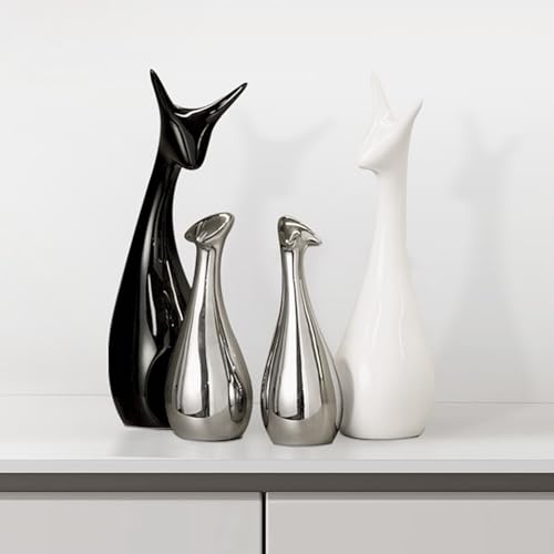 Ceramic Statue,Deer Family Figurines Porcelain(Set of 4),Creative Ceramic Decorative,Crafts Ornaments Home Decor,Memorial Gift for Parents,Suitable for Shelf,Bookself（Black White Silver Deer） - color: Black White Silver Deer