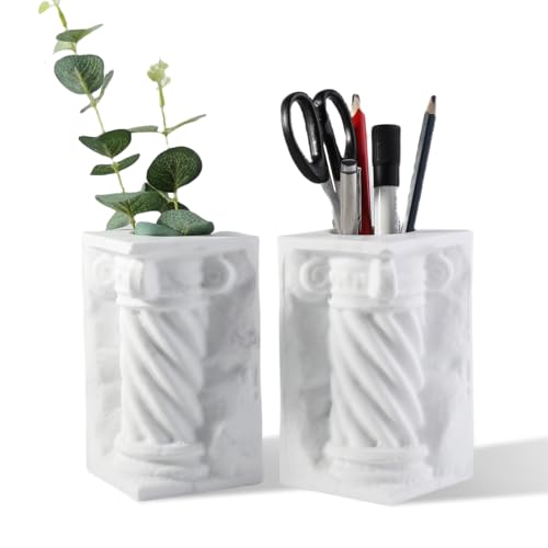 Decorative Roman Column Book Ends & Vase - Heavy Duty Marble Book Ends for Heavy Books, Vintage Home Office Decor, Dual Use as Flower Vase, Natural Stone Bookends for Shelves (2PC, White) - style: Classical -White