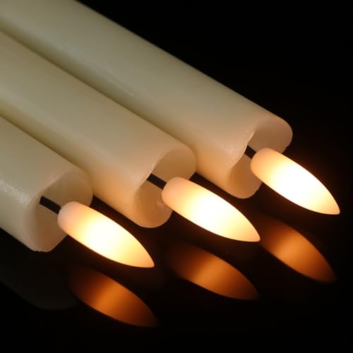 GenSwin Flameless Ivory Taper Candles Flickering with 10-Key Remote, Battery Operated Led Warm 3D Wick Light Window Candles Real Wax Pack of 3, Christmas Home Wedding Decor(0.78 X 9.64 Inch) - color: 3-Ivory
