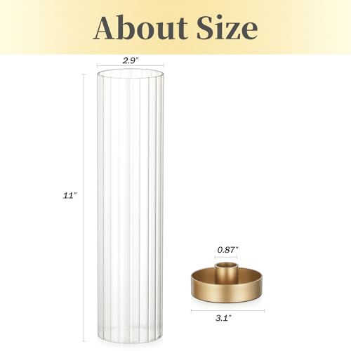 Hewory Hurricane Glass Candle Holders: Set of 2 Gold Candlestick Holders with 11" Tall Clear Cylinder Hurricane Cover, Taper Candle Holder for Wedding Table Centerpiece Party Christmas Home Decor