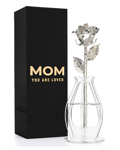 Forever Rose Bloom Box & Phantom Vase Combo, Silver Dipped Rose in a Personalized Gift Box That Says Mom You are Loved Embossed in Gold Foil, Unique & Everlasting Gift for Any Occasion - color: Silver Rose (Vase & Mom You Are Loved Box)