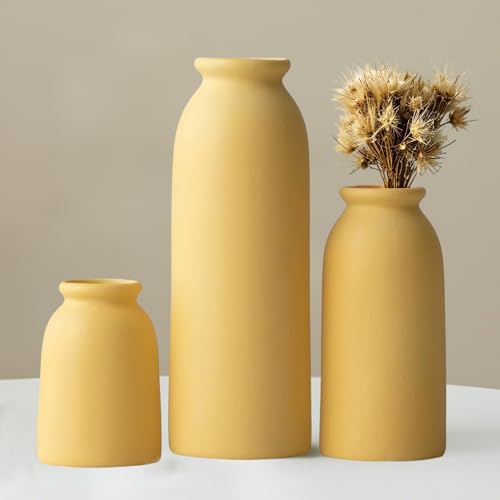 Ceramic Vase Set-3, Small Flower Vases for Decor, Modern Boho Farmhouse Style, Decorative Vases for Pampas Grass & Dried Flowers, Distressed Finish (Yellow) - color: Yellow