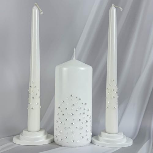 Unity Candle Set - Wedding Ceremony & Reception – 6” Pillar & Two 10” Taper Candles – Long Burning Unity Candles for Marriage Ritual – Handmade in USA – White| Pearls