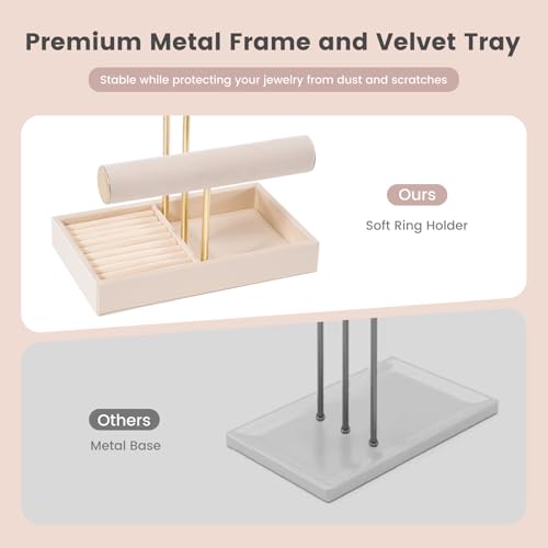Lolalet Jewelry Holder Tree with Velvet Tray, 4 Tiers Necklace Display Stand Rack with Ring Slots Organizer for Earrings Bracelets Bangles Ring, Valentine's Day Gift -Beige - color: Beige