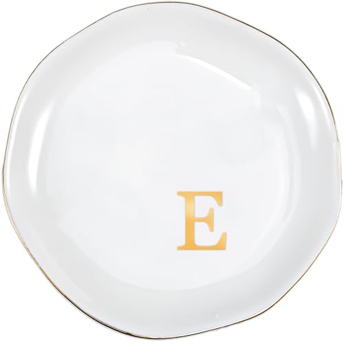 ProCase Ceramic Jewelry Tray, Initial Ring Dish Trinket Plate Engagement Gift, Small Personalized Monogram Ring Bowl for Wedding, White Decorative Jewelry Holder for Women Vanity -Letter E - style: E