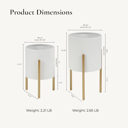 LuxenHome Planters for Indoor Plants, Set of 2 Indoor Plant Pots, White Planter with Gold Metal Stand, Luxury Flower Pots for Plants, Large Floor Plant Pot, NOT Waterproof - color: B White 9.9"+8.3"
