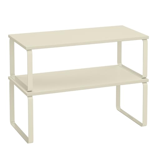 SONGMICS Cabinet Organizer Shelf, Set of 2 Kitchen Counter Shelves, Kitchen Storage, Spice Rack, Stackable, Expandable, Metal and Engineered Wood, Cream White UKCS200W02 - color: Cream White, size: 15.6"W
