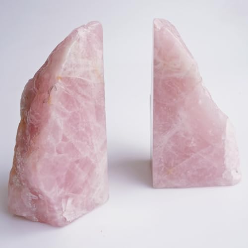 Heavy Duty Rose Quartz Bookends - Decorative Stone Book Ends 3-4 Lbs, for Office Home Decor, Large Book Holder Gift (1 Pair, 4-6.5" Height with Non-Slip Bumpers) - size: 3-4LBS