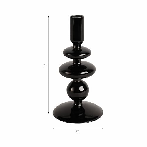 Glass Taper Candle Holder - Table Candle Holder for Soft Candlelight and Table Decor - Dining Room or Living Room Mantel Display - Modern Disc and Sphere Design Accent, Home Decor – 7", Black - color: Black, size: 7.0" H