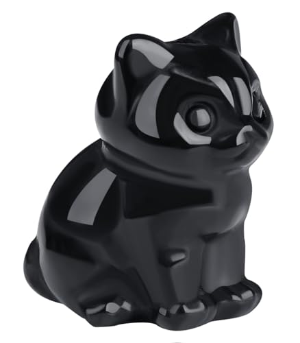 QINJIEJIE Black Obsidian Cat Decor Statue Carved Stone Figurine Healing Crystals Gift Natural Gemstone Home Sculpture Office Room Desk Decoration Sitting Black Cat Gifts for Men Stocking Stuffers - color: N-black Obsidian, size: 1.5 inches