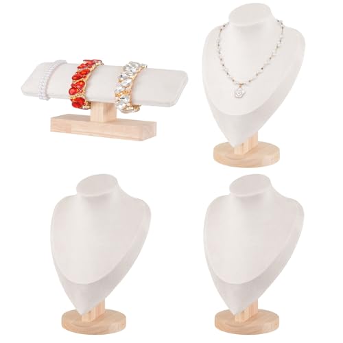 Rainmae 4 Pcs Jewelry Display Set, Necklace Display Stand and T Bar Bracelet Holder, Wooden Necklace/Watch/Bracelet Display Rack, Jewelry Bust for Selling for Vendors Home Trade Organizer (Medium)