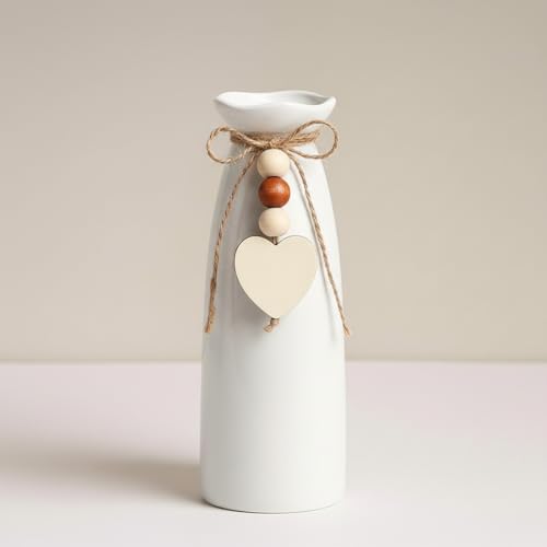 6 Pack 8 Inch Ceramic Vase Set with Jute Rope & Heart Charm, Vases for Centerpiece White Small Decorative Vase for Bohemian Home Decoration Modern Flower Vases for Gift Room Bedroom Office