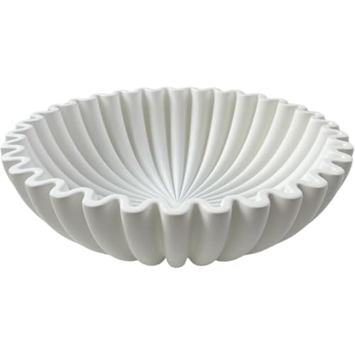 Hand-Poured Solid Concrete Decorative Bowl - Scalloped Ruffle Large Fruit Bowl, Organic Modern & Wabi Sabi Centerpiece for Kitchen Counter, Entryway Key Holder, Coffee Table Decor(10" Beige) - color: White