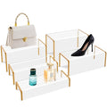 RattanView 5 Pack Clear Acrylic Purses Display Stands, 11" L 5mm Thick Luxury Purse, Handbag, Jewelry & Perfume Risers, Gold Luxury Shoe Display Riser for Closet, Boutique, Vendor Events (5 Tier) - size: 5 Tier