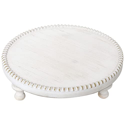 SwallowLiving Rustic White Round Wood Tray Riser Farmhouse Pedestal Stand with Beaded Edge for Decor Whitewash Finish Wooden Cupcake Display for Cakes and Decorative Items 11.8 inches - color: Rustic White