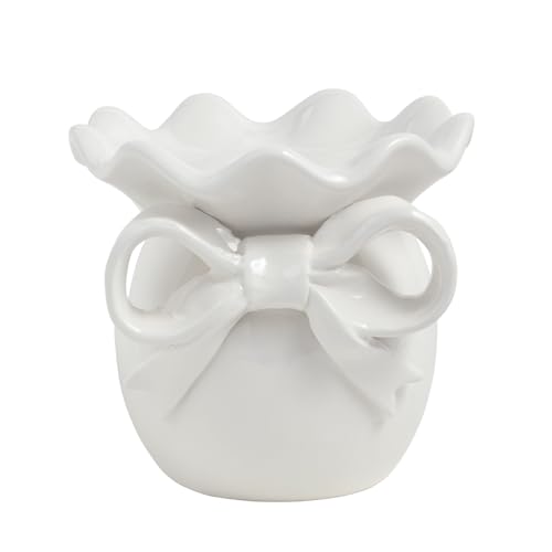Mud Pie Ceramic Large Bow Pillar Ceramic Holder - size: 5 1/4" x 5 1/2" dia