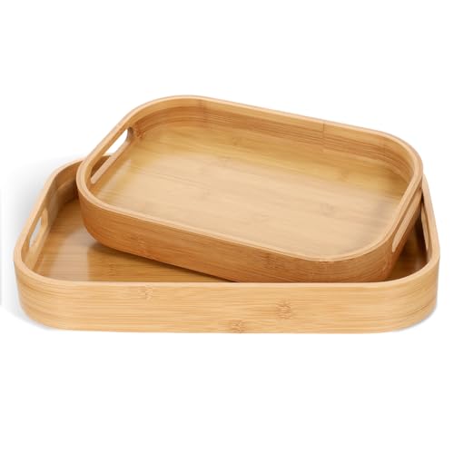 Set of 2 Wood Trays, Solid Wood Serving Tray with Handles, Rectangular Breakfast & Dinner Tray for Food, Coffee, Tea, Parties, 15.7" L x 11" W / 12.6" L x 8.7" W