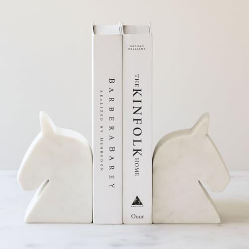 Decorative Marble Horse Head Bookends and Book Ends for Office Decor - Modern Bookshelf Decor Accent as Desk Display - Sculptural Book Accessories for Home Library Display - Set of 2, 6", White